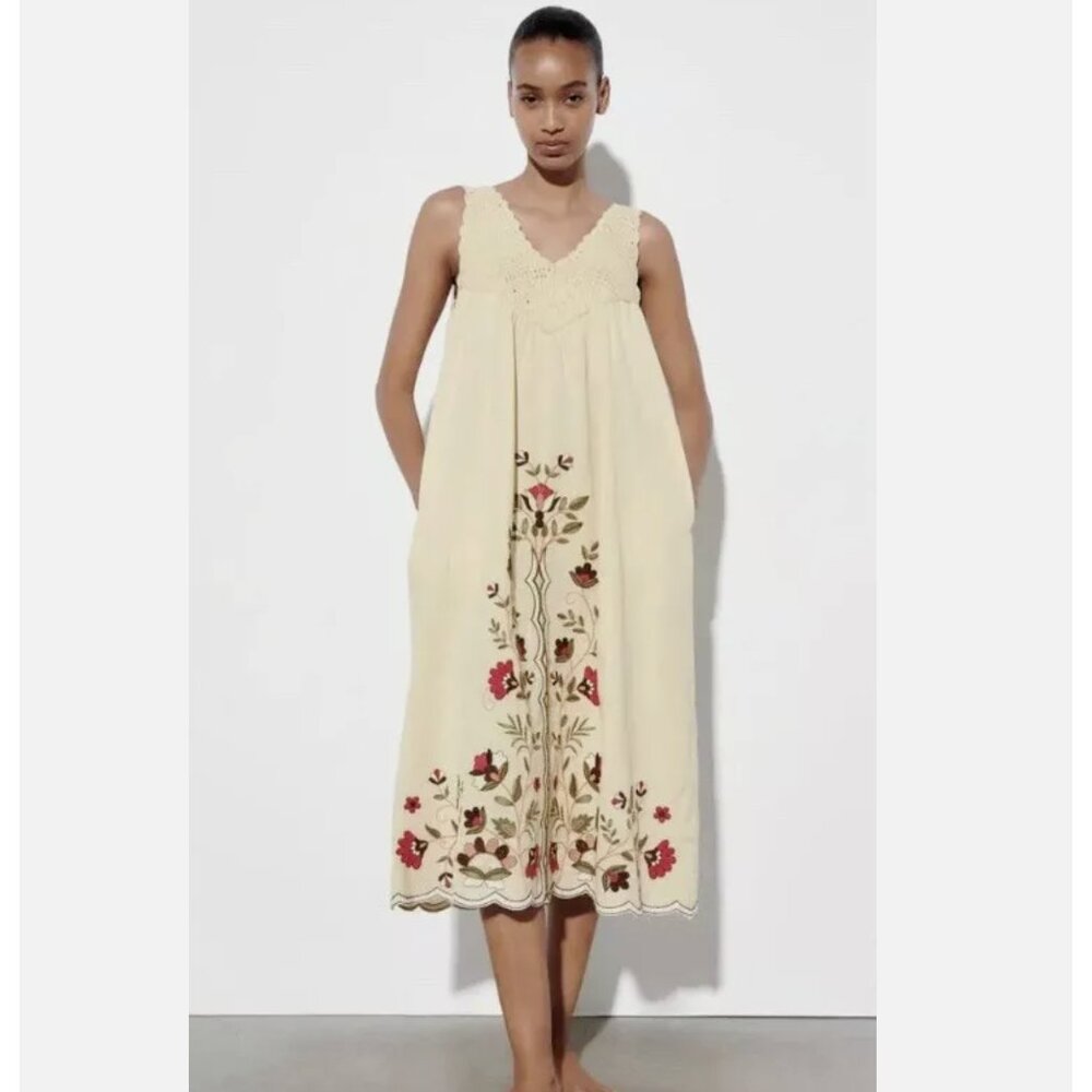ZARA $119 Linen CROCHET DRESS with embroidered beads Beige S M BNWT 6895/003